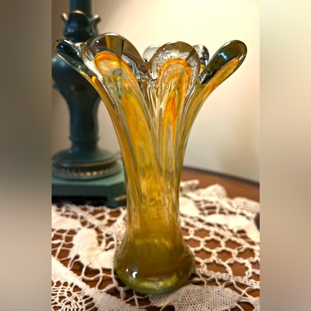 Hand Blown Art Glass Vase “Finger Pull” Design, Amber and Clear Glass 7” Tall